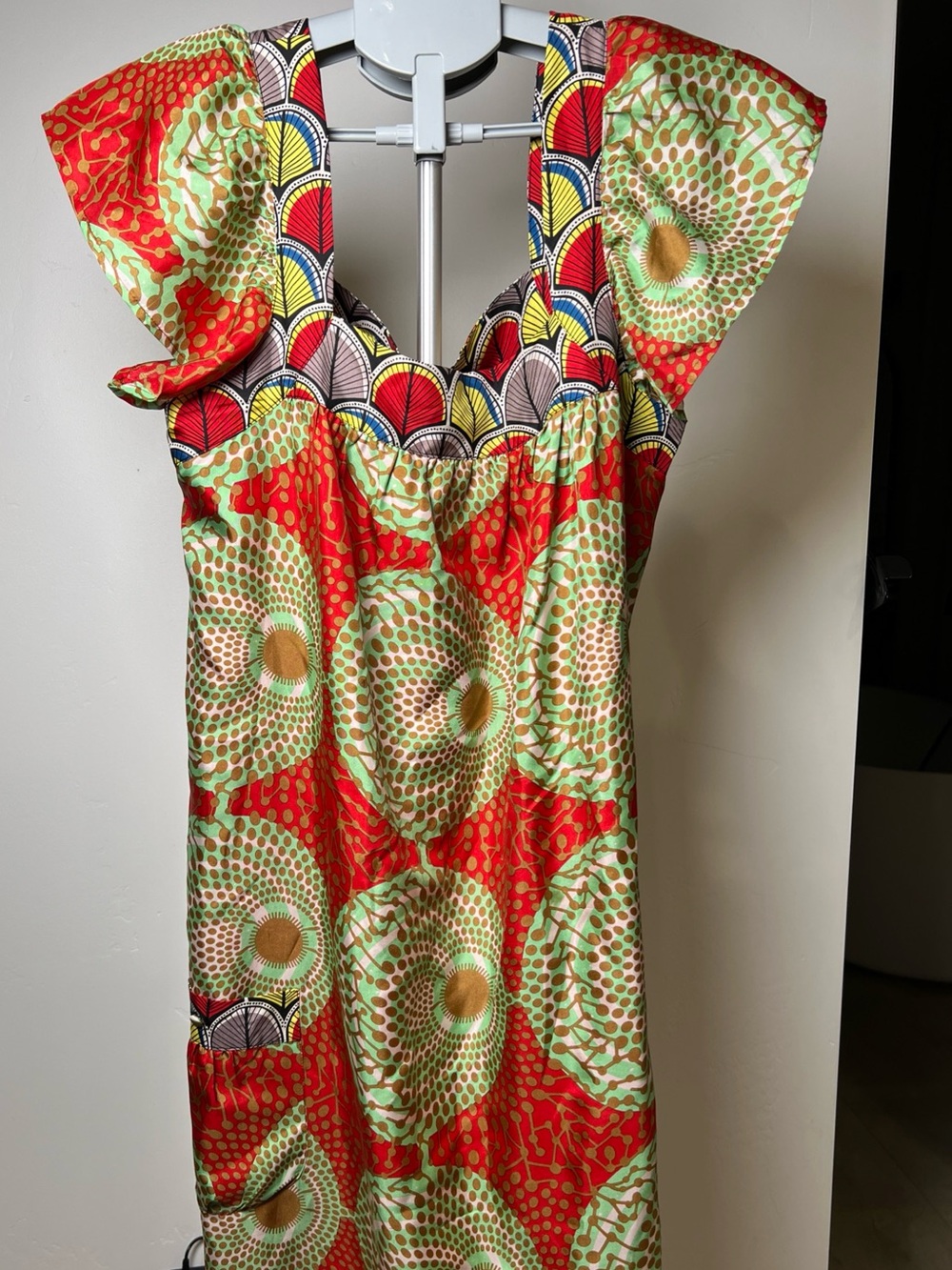 Hanna G 100% Silk Red & Green Printed Mini Float Dress size M poly lined Pockets